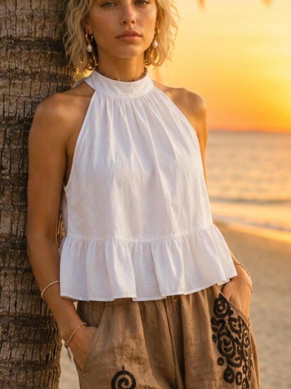Coastal Breezy White Halter Trapeze Peplum Linen-Like Cotton Top Boho Beach